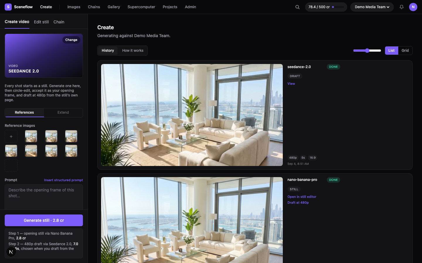 Create screen: model, references, prompt and history feed